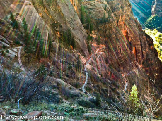 Looking down on the trail carved into the side of the cliff.